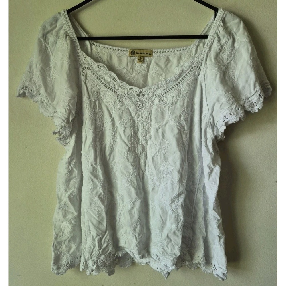 Democracy Women's Blouse Intricate Embroidered Detail Boat Neck White Size L